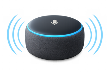 Smart speaker projecting blue sound waves, wireless device symbolizing digital communication and audio technology innovation