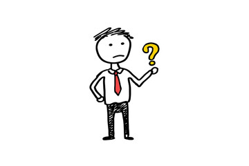 Confused businessman holding question mark.  Doodle style illustration.