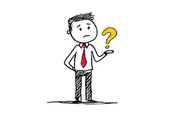 Doodle illustration of a businessman holding a question mark.