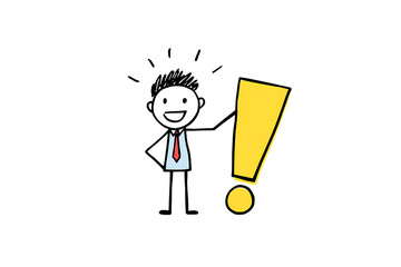 Cartoon businessman holding an exclamation mark.