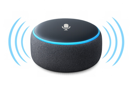 Smart speaker projecting blue sound waves, wireless device symbolizing digital communication and audio technology innovation