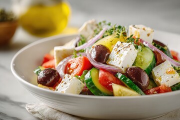 Greek salad featuring fresh ingredients like feta cheese, cucumbers, tomatoes, and olives, served in a white bowl on a marble table