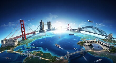 An aesthetic wallpaper focused on the world's most famous bridges, such as the Golden Gate and Tower Bridge, connecting points on a globe.