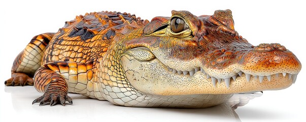 Detailed Close Up of an Orange and Brown Crocodile on White Background