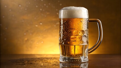 Refreshing mug of golden beer with foam and water droplets