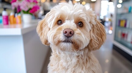 Fluffy Tan Dog Portrait in Modern Setting