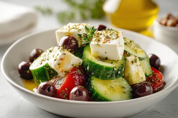 Fresh and vibrant Greek salad featuring feta cheese, cucumber, olives, and a sprinkle of herbs, served in a white bowl