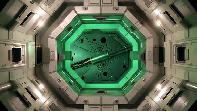 Futuristic Spaceship Interior with Green Glow, Science Fiction Concept