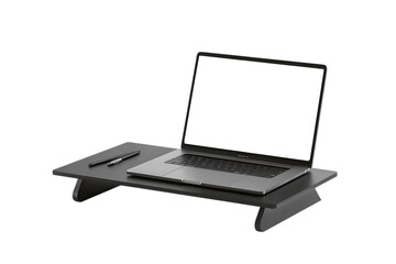 Laptop with blank screen on a desk with pen and stylus.