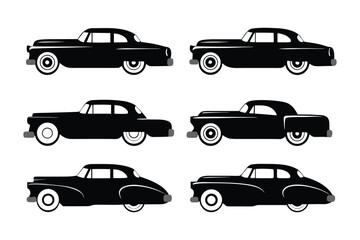 Classic Car Silhouettes: Six sleek silhouettes of vintage cars, in black against a white background, showcasing classic car design elements.