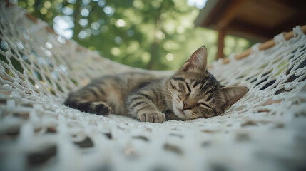 A tabby kitten is seen sleeping peacefully on a white woven hammock, surrounded by green trees and wooden structures, creating a serene atmosphere.