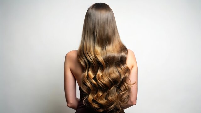 Una mujer con melena de cabello casta?o de espaldas sobre fondo blanco,elegant shape