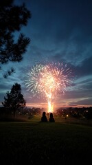Couple watching fireworks over a field