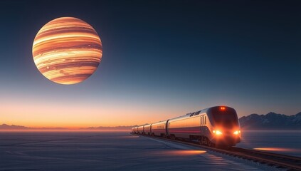 Cosmic Train Adventure on Icy Plain Beneath Ringed Gas Giant