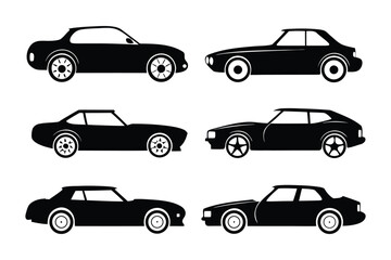 Black Automobile Collection: Six sleek black automobiles in various styles, evoking speed, power, and classic design. Perfect for automotive and design projects.