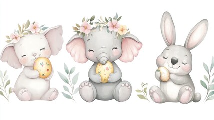 Obraz premium Three cute animals - elephants and rabbit - holding easter eggs & floral wreaths