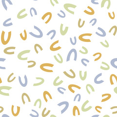 Colorful abstract geometric seamless pattern Simple retro shapes, letters, symbols, signs Muted light pastel colors Fabric design, home textile