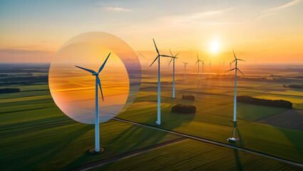 Panoramic view of a wind farm at sunset with a circular overlay on a turbine