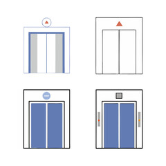 Four elevator icons with directional arrows and buttons silhouette