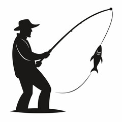 Black silhouette of a fisherman reeling in a fish on a white background fishing