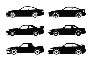 Automobile Silhouettes Collection: A sleek collection of monochrome vehicle silhouettes showcasing a range of automotive designs, perfect for graphic resources and transport-related projects.
