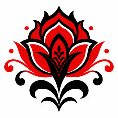 Red and black floral motif with swirling elements and dots white