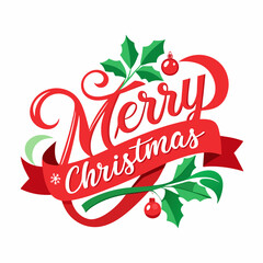 Red ribbon with Merry Christmas text and holly leaves holiday greeting