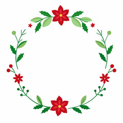 Red poinsettia and holly leaf Christmas wreath vector illustration border floral