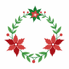 Red poinsettia and green leaf Christmas wreath with berries vector
