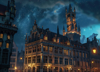 Fototapeta premium Stunning night photography of historic city center under a blue sky