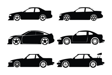 Car Silhouettes Collection: Six sleek black car silhouettes showcasing a variety of automotive designs, perfect for transportation themes, engineering projects, or minimalist artwork.