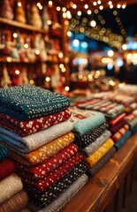 Warm knitted sweaters stacked on wooden table at christmas market