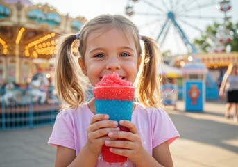 Carnival Joy: Girl with Frozen Treat at Amusement Park