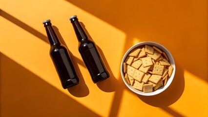 Two bottles of beer with bowl of crackers on orange background
