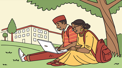 Students studying together on laptop outdoors at university campus learning and collaborating on project