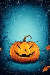 A vibrant Halloween pumpkin with a mischievous grin surrounded by autumn leaves and vines