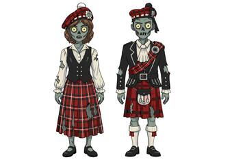 Cartoon Zombie Couple in Scottish Highland Attire with Tartan Patterns.