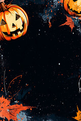 Halloween-themed illustration featuring pumpkins and autumn leaves against a dark background