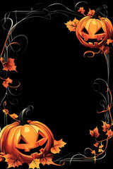 Halloween-themed illustration featuring carved pumpkins and autumn leaves on a black background
