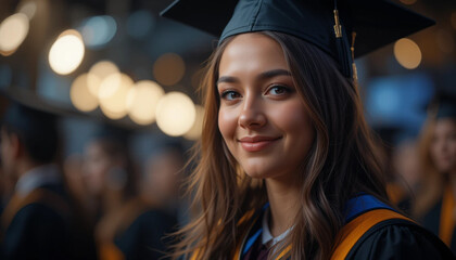 Graduate Smiling in Cap and Gown at Graduation Ceremony with Crowd