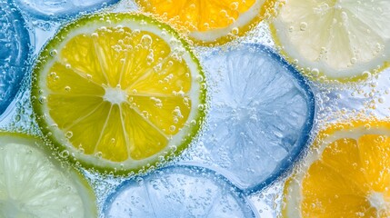 Vibrant citrus slices in bubbly water.