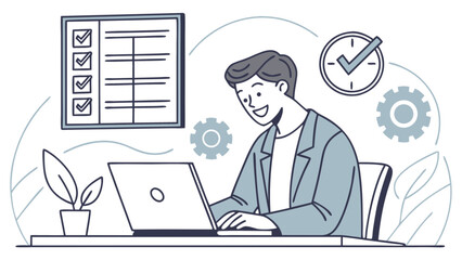 Illustration of project management task list with man working on laptop for business productivity and time