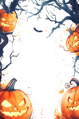 Halloween-themed illustration featuring carved pumpkins and eerie trees with a bat overhead