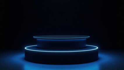 Dark Blue Neon Lit Two Tiered Platform Display glowing