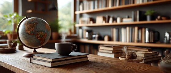 Cozy reading nook with globe and books