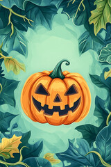 A vibrant Halloween pumpkin with a carved face surrounded by lush green vines and leaves