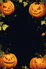 Halloween-themed decorative background featuring carved pumpkins and autumn leaves