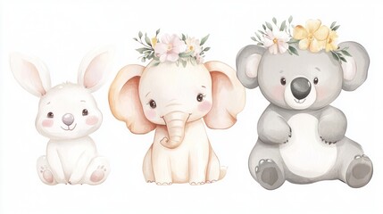 Obraz premium Three watercolor animals a bunny, an elephant, and a koala bear with flower crowns