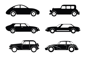 Fototapeta premium Car Silhouette Set: A collection of six sleek car silhouettes, embodying the essence of automotive design through the ages. Perfect for illustrating transport themes.