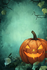 A glowing jack-o'-lantern amidst eerie foliage in a mystical forest setting